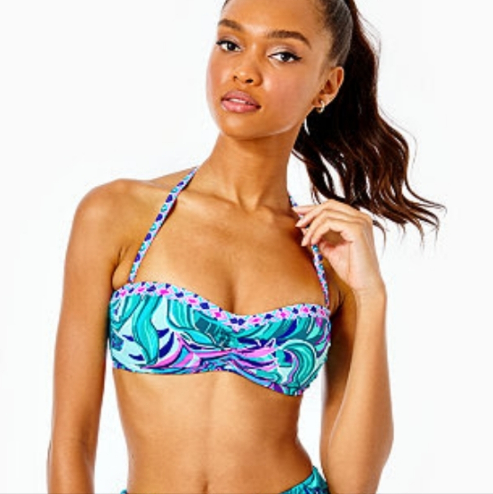 NWT Lilly Pulitzer Cheeah Bandeau Bikini Top  Seasalt Blue Don't wanna leaf sz 6